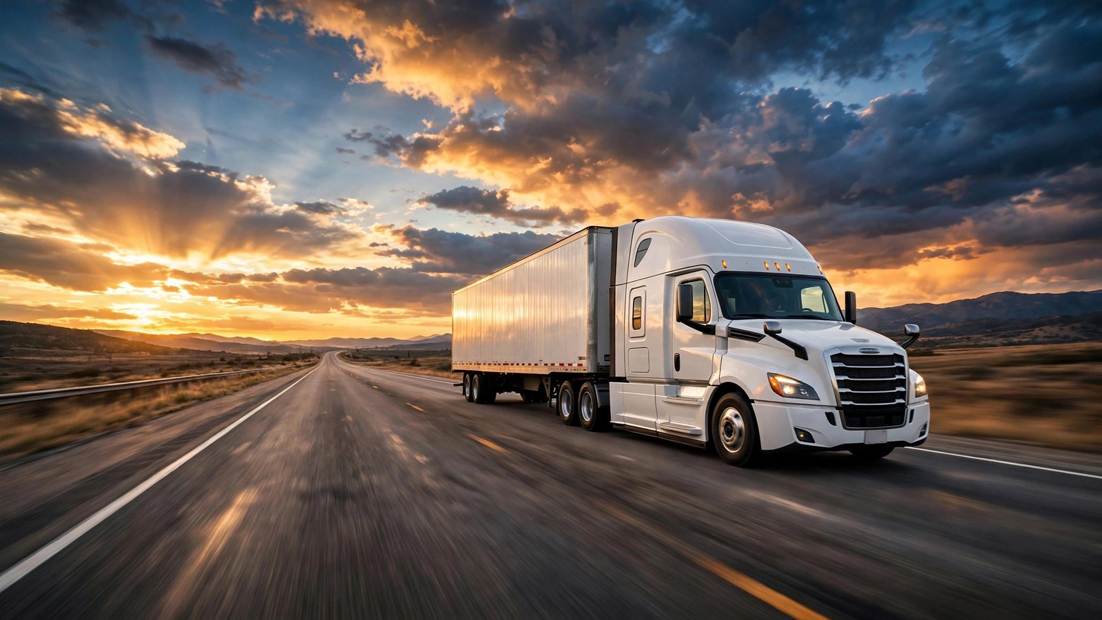 White semi truck driving on the highway at sunset