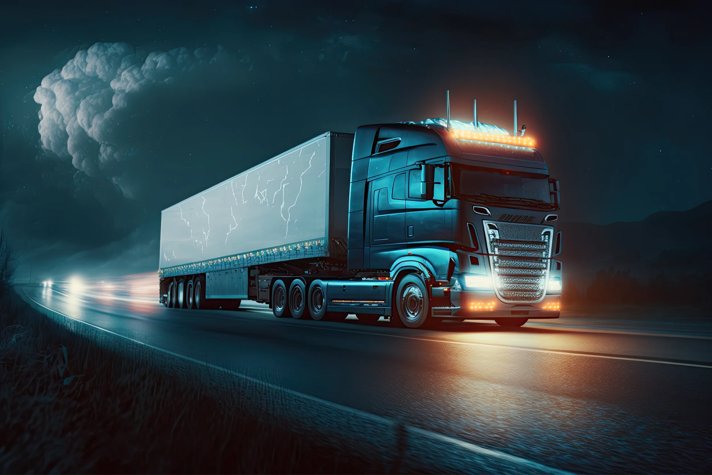 Semi truck hauling Amazon Relay freight at night